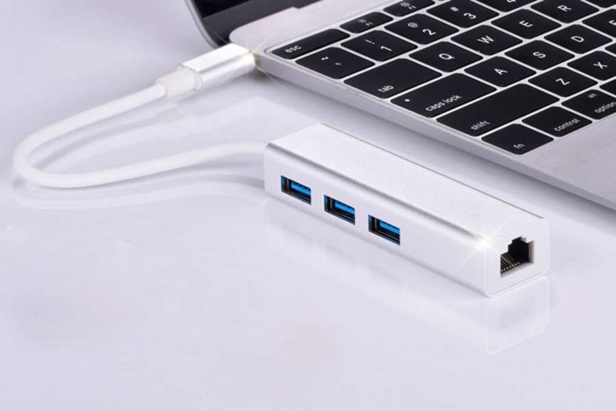 Серебристый переходник Type-C to 3 USB/RJ45 Devia Leopard 