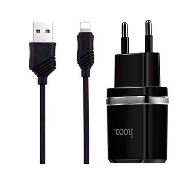 

Черное сетевое зарядное устройство Hoco C12 2хUSB 2.4A + кабель Lightning