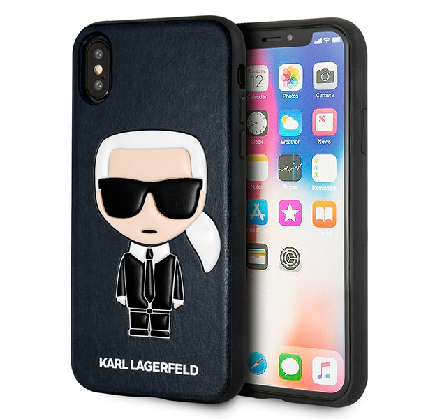 

Синий кожаный чехол-накладка для iPhone XS Max Lagerfeld Iconic Karl, С рисунком
