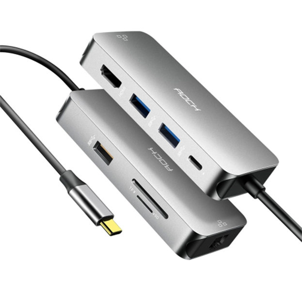 

Переходник Rock Type-C 8-in-1 Converter PD Charging/3xUSB 3.0/HDMI 4K/SD/TF/RJ45