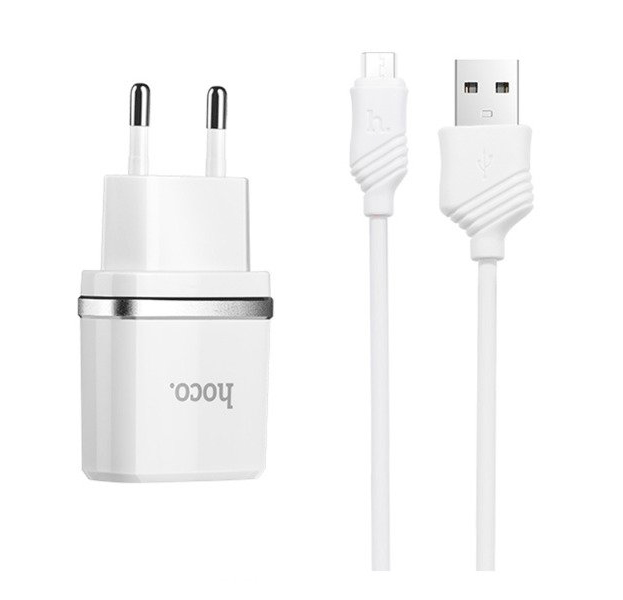 

Белое сетевое зарядное устройство Hoco C12 2хUSB 2.4A + кабель microUSB
