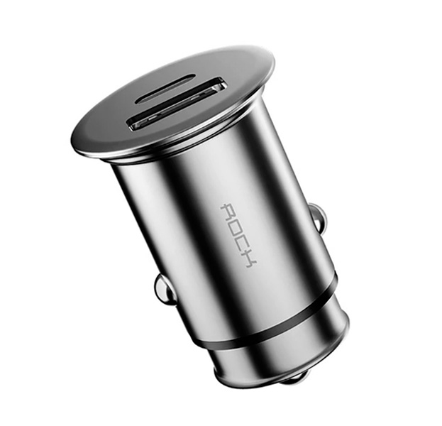 

Серебристое автомобильное зарядное устройство Rock Metal Mini PD Charger USB/Type-C 5A